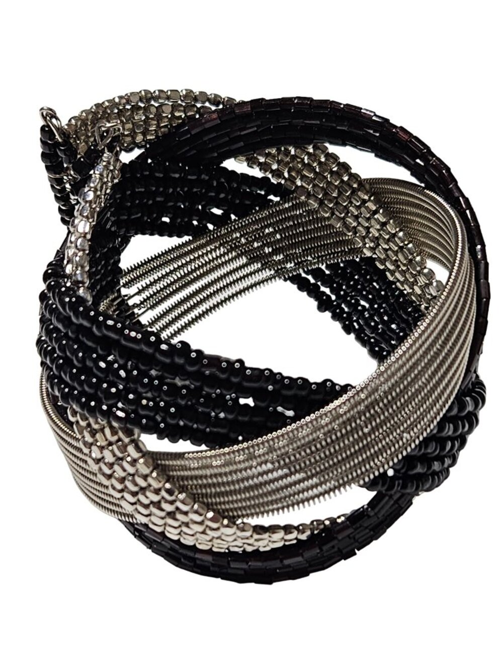 Goth Cuff Bracelet Multi Strand Black Silver Tone Seed Bead Woven Rocker Chic